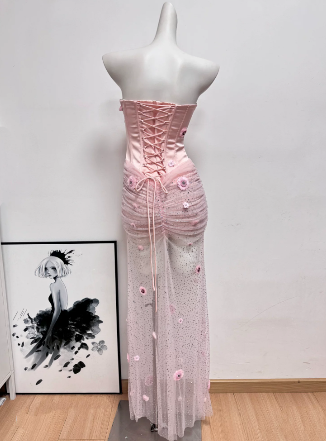 Romantic Strapless Pink Prom Dress Appliques Sequins Mermaid Evening Dress C9412