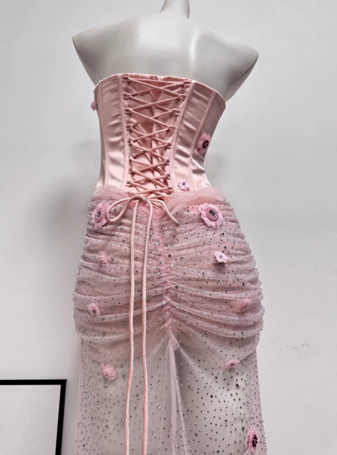 Romantic Strapless Pink Prom Dress Appliques Sequins Mermaid Evening Dress C9412