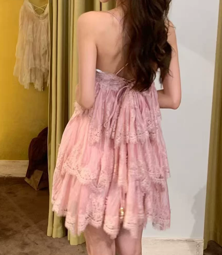 Fascinating Spaghetti Strap Homecoming Dress Lace Tiered A-Line Party Dress C9413