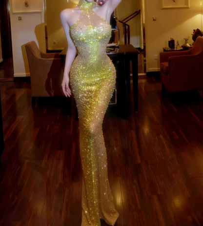 Gorgeous Halter Neck Prom Dress Crystals Mermaid Evening Dress C9414