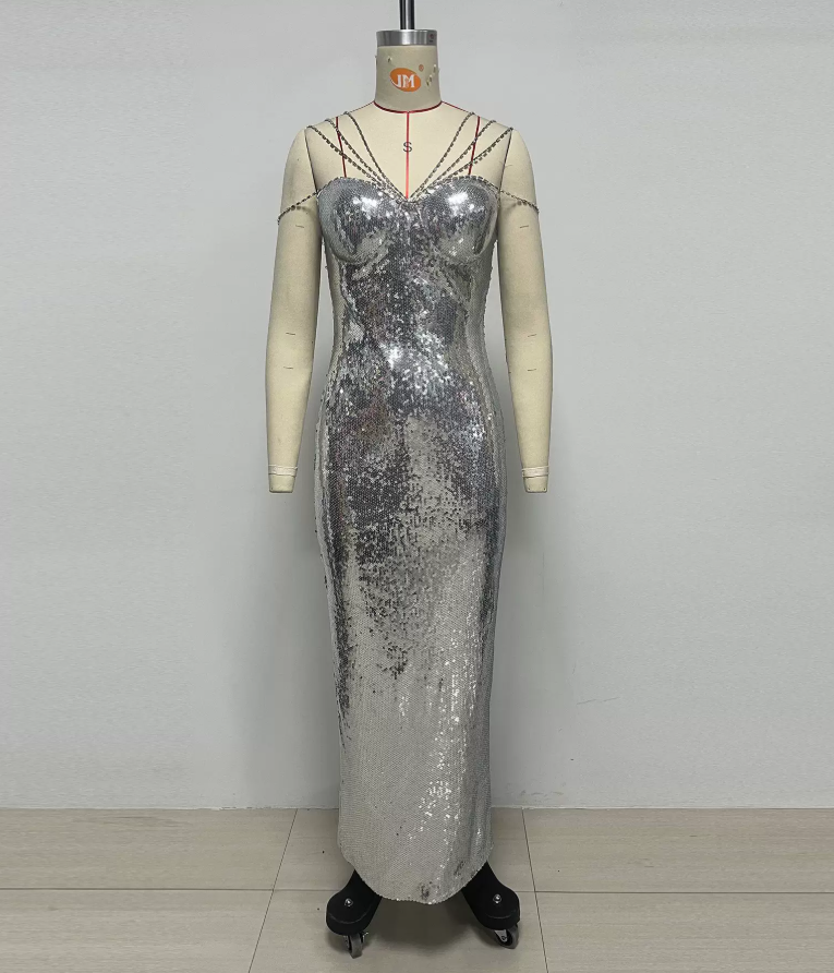 Luxury Spaghetti Strap Prom Dress Silver Sequins Mermaid Evening Dress C9420