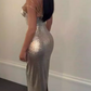 Luxury Spaghetti Strap Prom Dress Silver Sequins Mermaid Evening Dress C9420