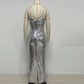 Luxury Spaghetti Strap Prom Dress Silver Sequins Mermaid Evening Dress C9420
