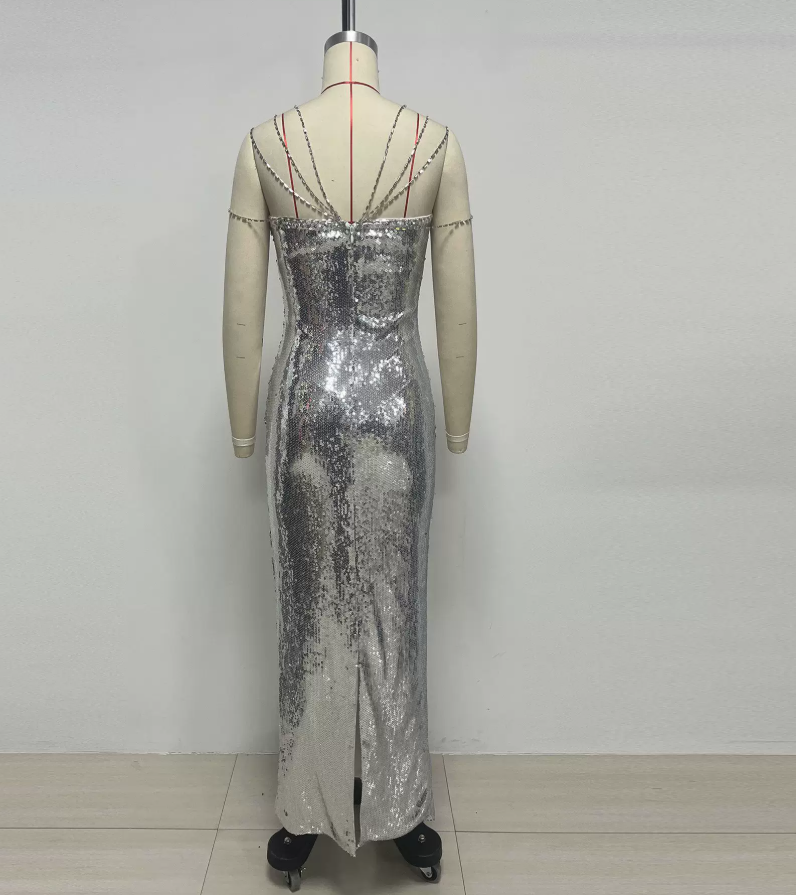 Luxury Spaghetti Strap Prom Dress Silver Sequins Mermaid Evening Dress C9420
