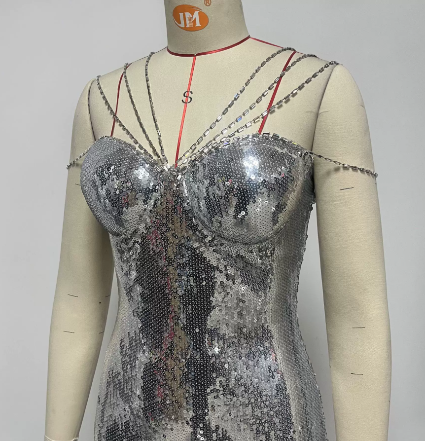 Luxury Spaghetti Strap Prom Dress Silver Sequins Mermaid Evening Dress C9420