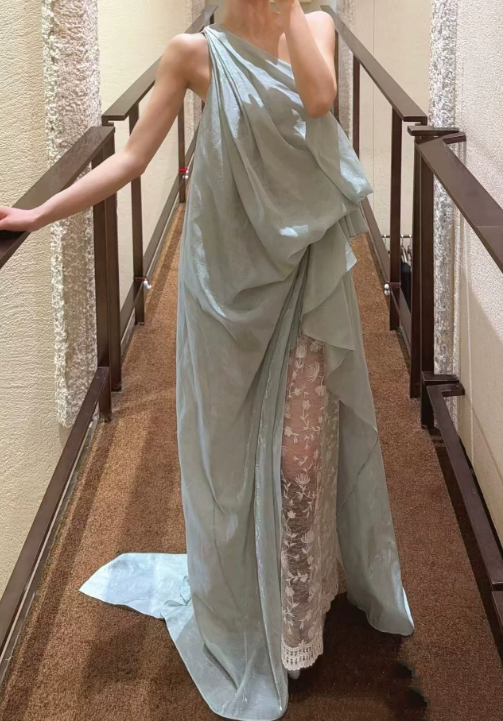 Flowy One Shoulder Lace Prom Dress Gathered A-Line Evening Dress C9423
