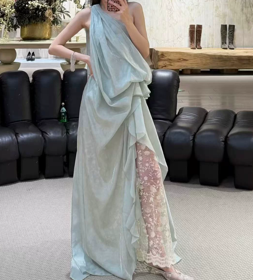 Flowy One Shoulder Lace Prom Dress Gathered A-Line Evening Dress C9423