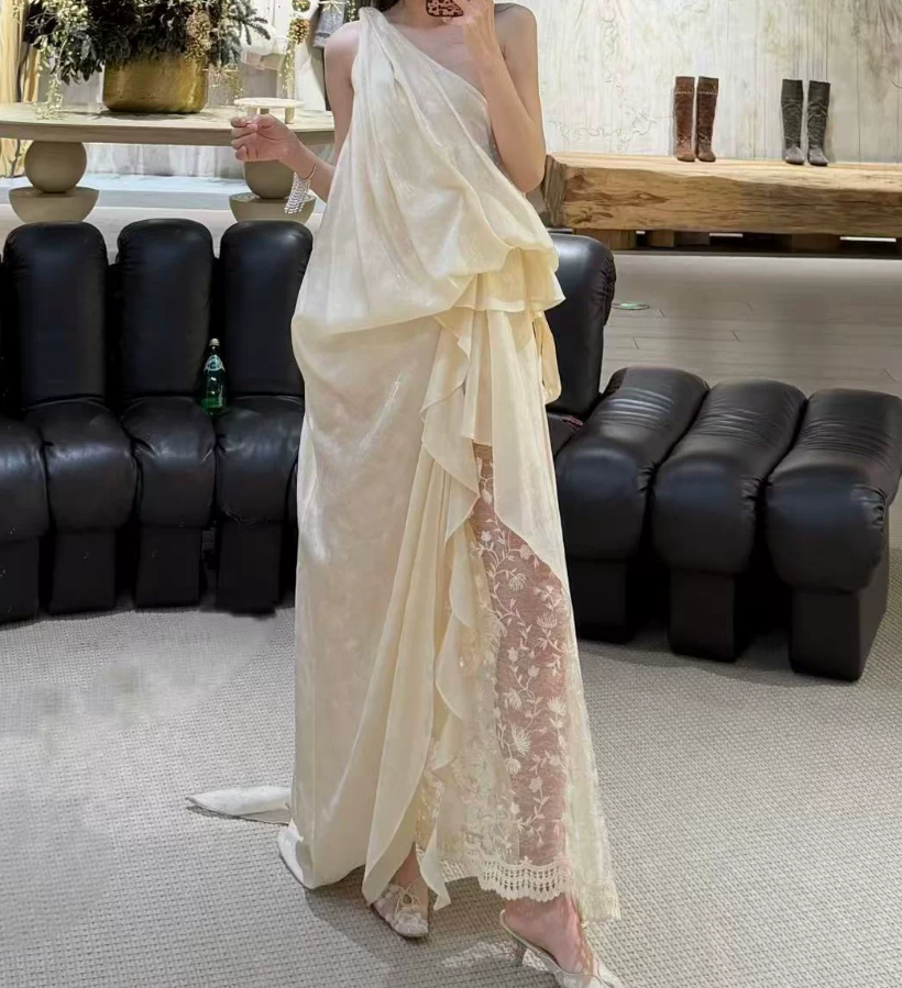 Flowy One Shoulder Lace Prom Dress Gathered A-Line Evening Dress C9423