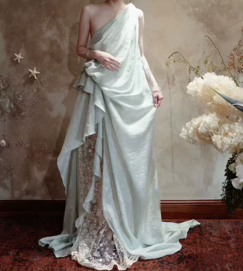 Flowy One Shoulder Lace Prom Dress Gathered A-Line Evening Dress C9423