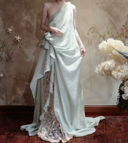 Flowy One Shoulder Lace Prom Dress Gathered A-Line Evening Dress C9423