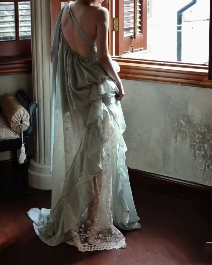 Flowy One Shoulder Lace Prom Dress Gathered A-Line Evening Dress C9423
