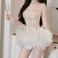 Romantic Strapless Ruffled Homecoming Dress Beige Lace A-Line Party Dress C9424