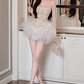 Romantic Strapless Ruffled Homecoming Dress Beige Lace A-Line Party Dress C9424