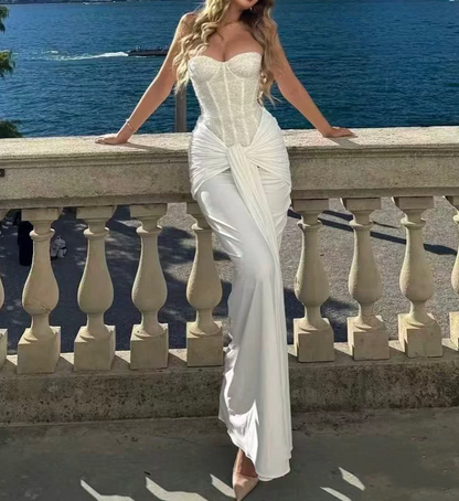 Glam Strapless Prom Dress White Sequins Mermaid Evening Dress C9427