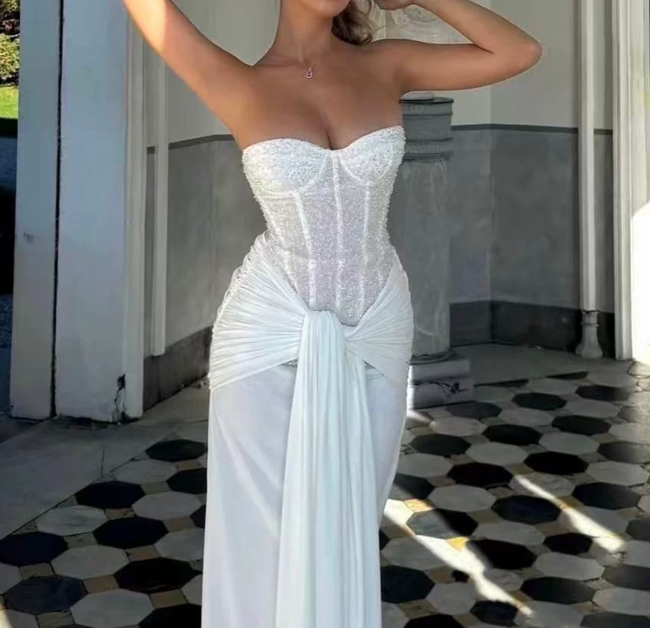 Glam Strapless Prom Dress White Sequins Mermaid Evening Dress C9427