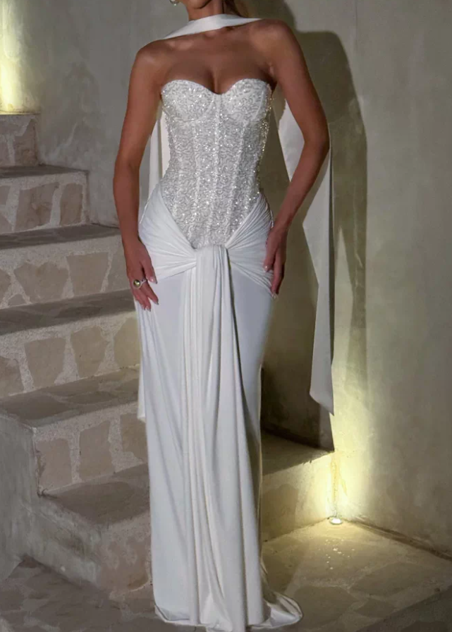 Glam Strapless Prom Dress White Sequins Mermaid Evening Dress C9427
