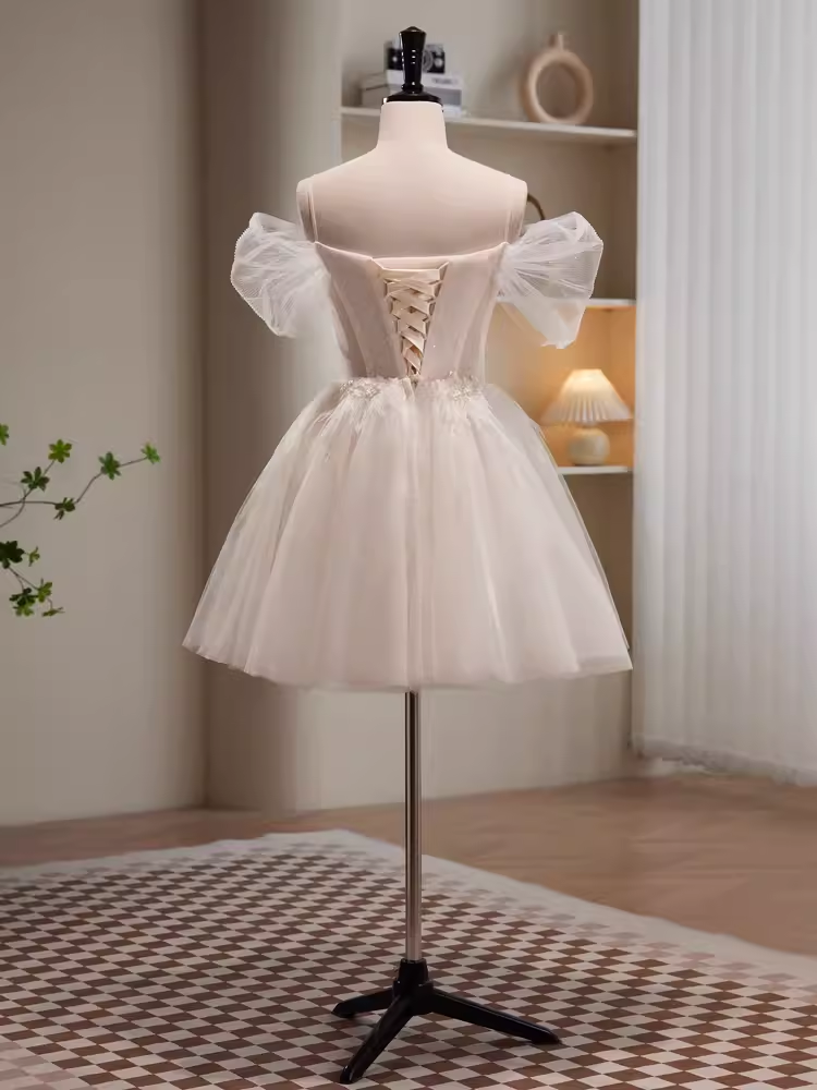Robe de bal modeste, épaules dénudées, en Tulle blanc, tenue d'anniversaire, robe de soirée, C942