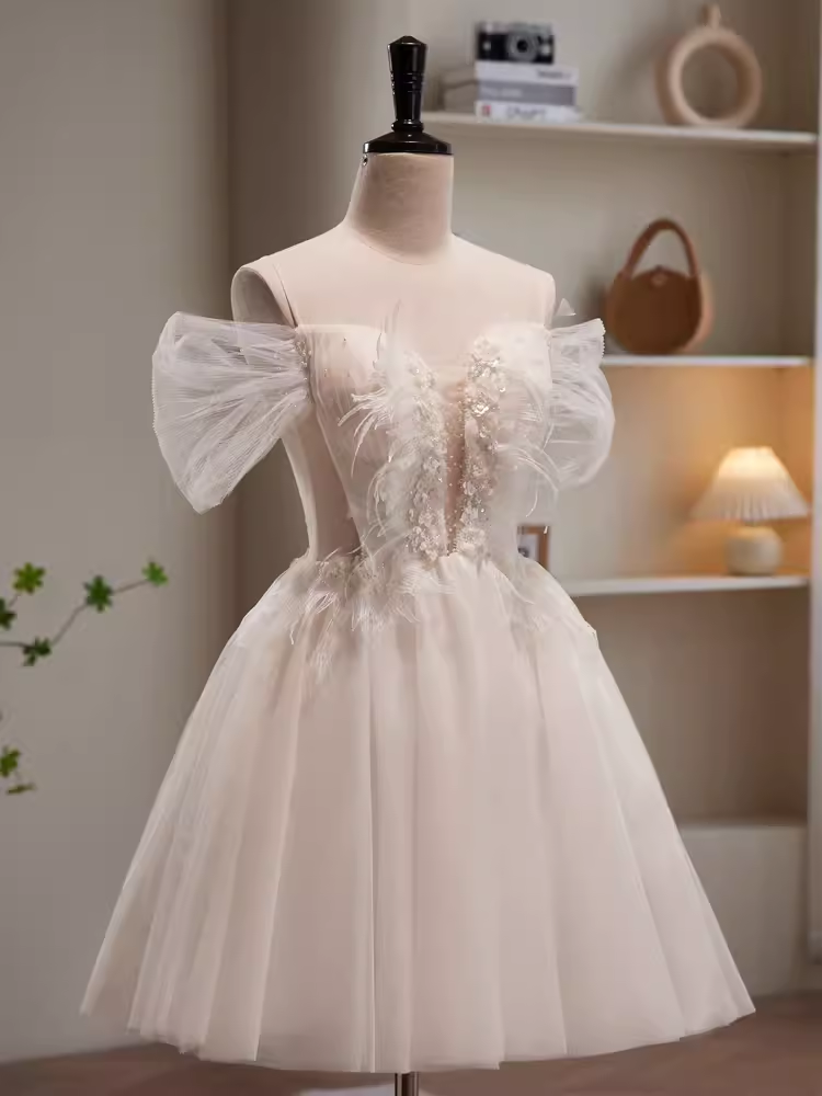 Robe de bal modeste, épaules dénudées, en Tulle blanc, tenue d'anniversaire, robe de soirée, C942