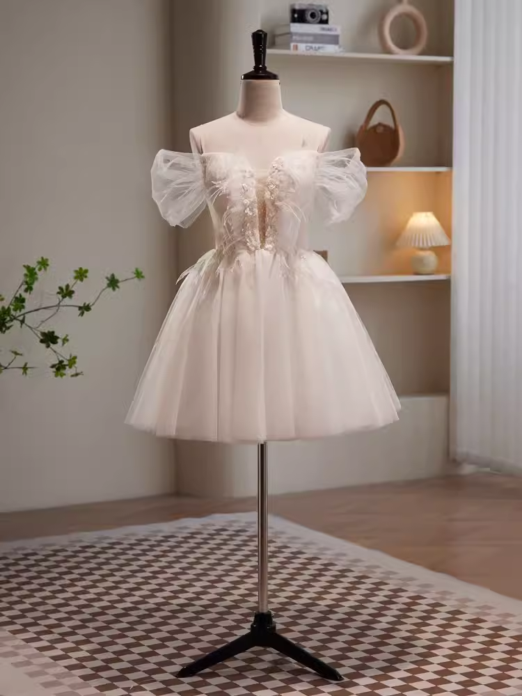 Robe de bal modeste, épaules dénudées, en Tulle blanc, tenue d'anniversaire, robe de soirée, C942
