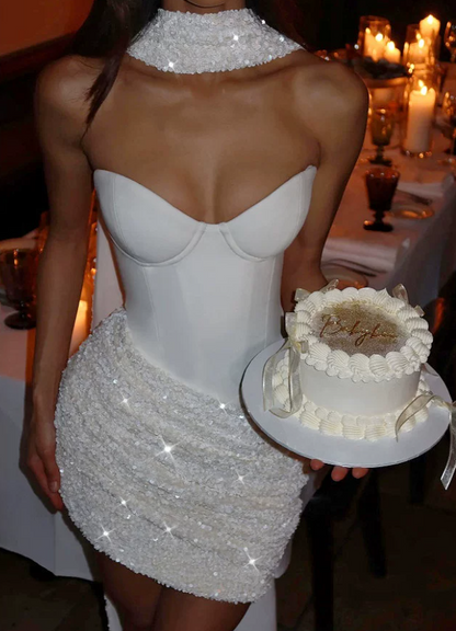 Mini robe de soirée en satin, sans bretelles, sans manches, ligne a, simple, C899