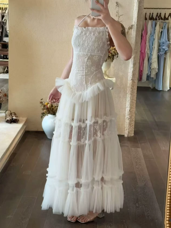 Alluring Halter Neck Prom Dress Lace A-Line Evening Dress C9432
