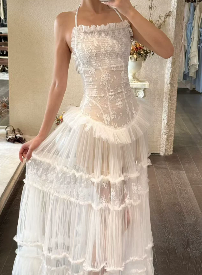 Alluring Halter Neck Prom Dress Lace A-Line Evening Dress C9432