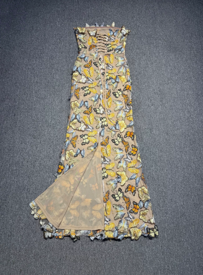 Vintage Strapless Slit Prom Dress Butterflies Sheath Evening Dress C9435