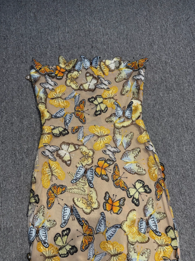 Vintage Strapless Slit Prom Dress Butterflies Sheath Evening Dress C9435