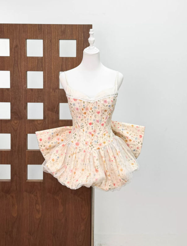 Sweet Spaghetti Strap Homecoming Dress Bow Floral A-Line Party Dress C9438
