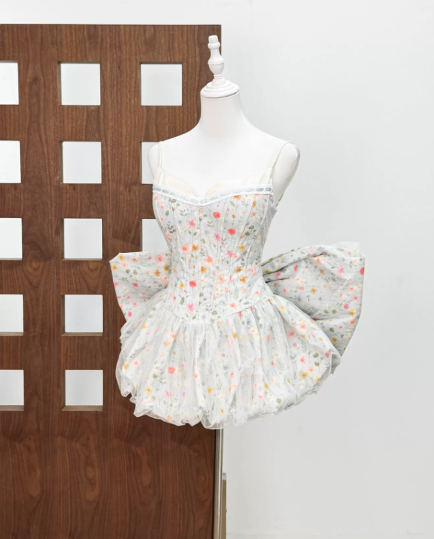 Sweet Spaghetti Strap Homecoming Dress Bow Floral A-Line Party Dress C9438