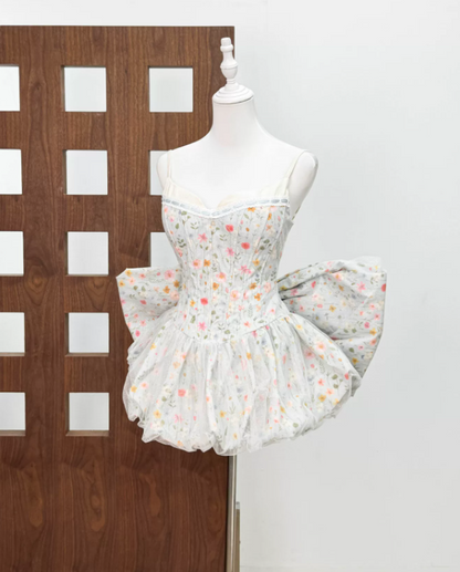 Sweet Spaghetti Strap Homecoming Dress Bow Floral A-Line Party Dress C9438