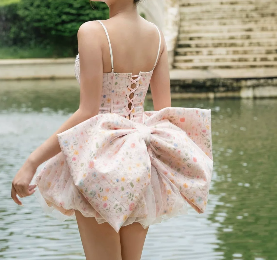 Sweet Spaghetti Strap Homecoming Dress Bow Floral A-Line Party Dress C9438