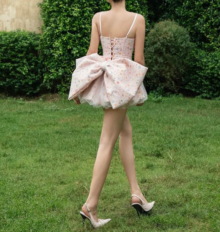 Sweet Spaghetti Strap Homecoming Dress Bow Floral A-Line Party Dress C9438