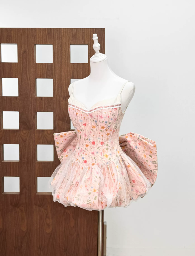 Sweet Spaghetti Strap Homecoming Dress Bow Floral A-Line Party Dress C9438