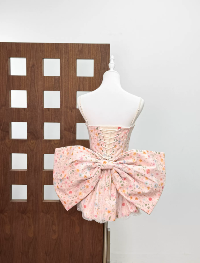 Sweet Spaghetti Strap Homecoming Dress Bow Floral A-Line Party Dress C9438
