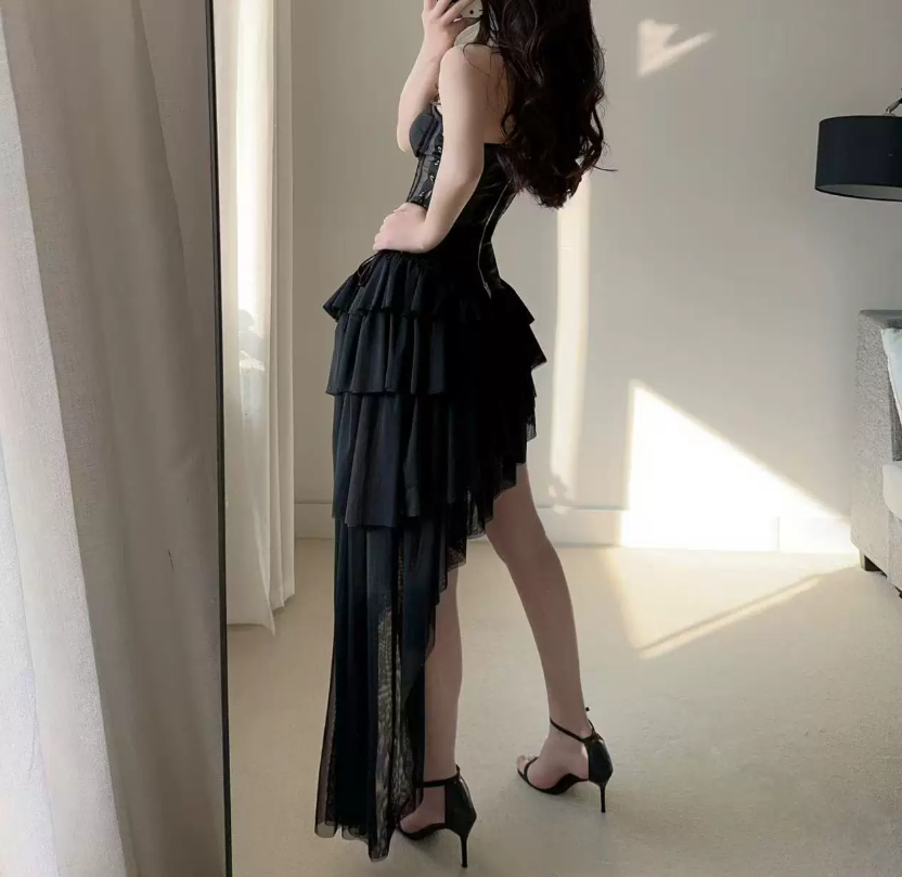 Mini robe de soirée en satin, sans bretelles, sans manches, ligne a, simple, C899
