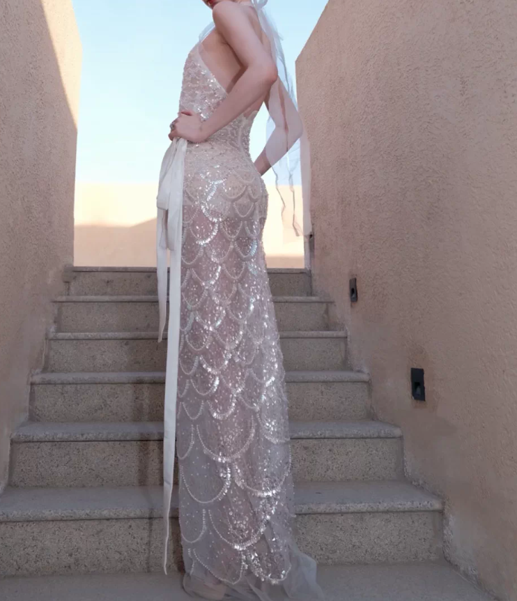 Luxurious Halter Neck Silver Prom Dress Sequins Sheath Evening Dress C9440