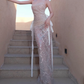 Luxurious Halter Neck Silver Prom Dress Sequins Sheath Evening Dress C9440