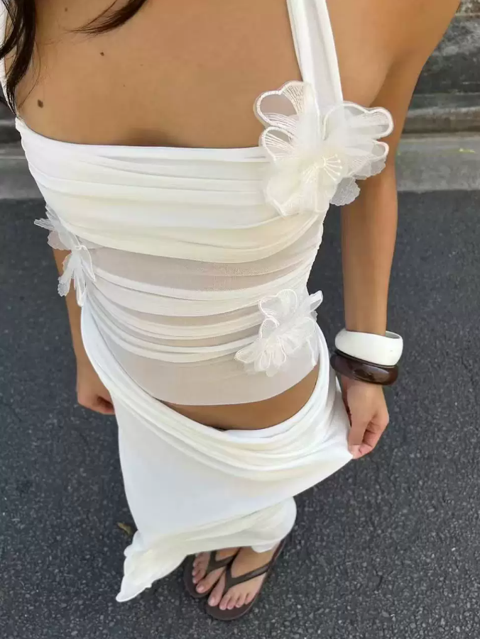 Sweet Halter Neck Floral Prom Dress Cutout Backless Sheath Evening Dress C9441