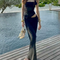 Sweet Halter Neck Floral Prom Dress Cutout Backless Sheath Evening Dress C9441