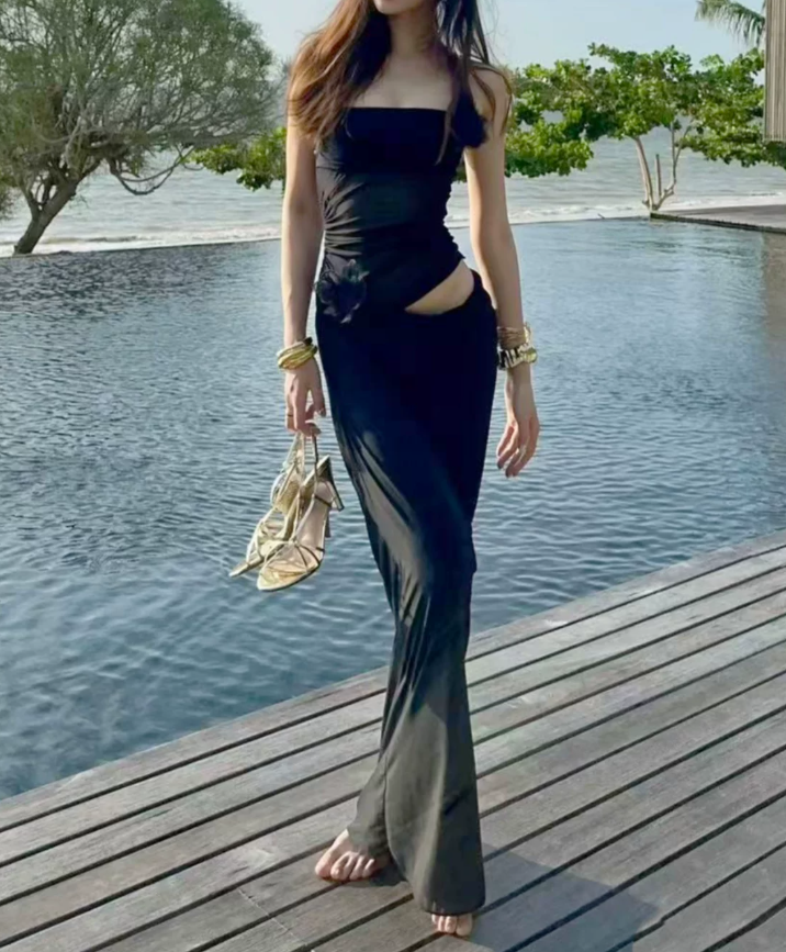 Sweet Halter Neck Floral Prom Dress Cutout Backless Sheath Evening Dress C9441
