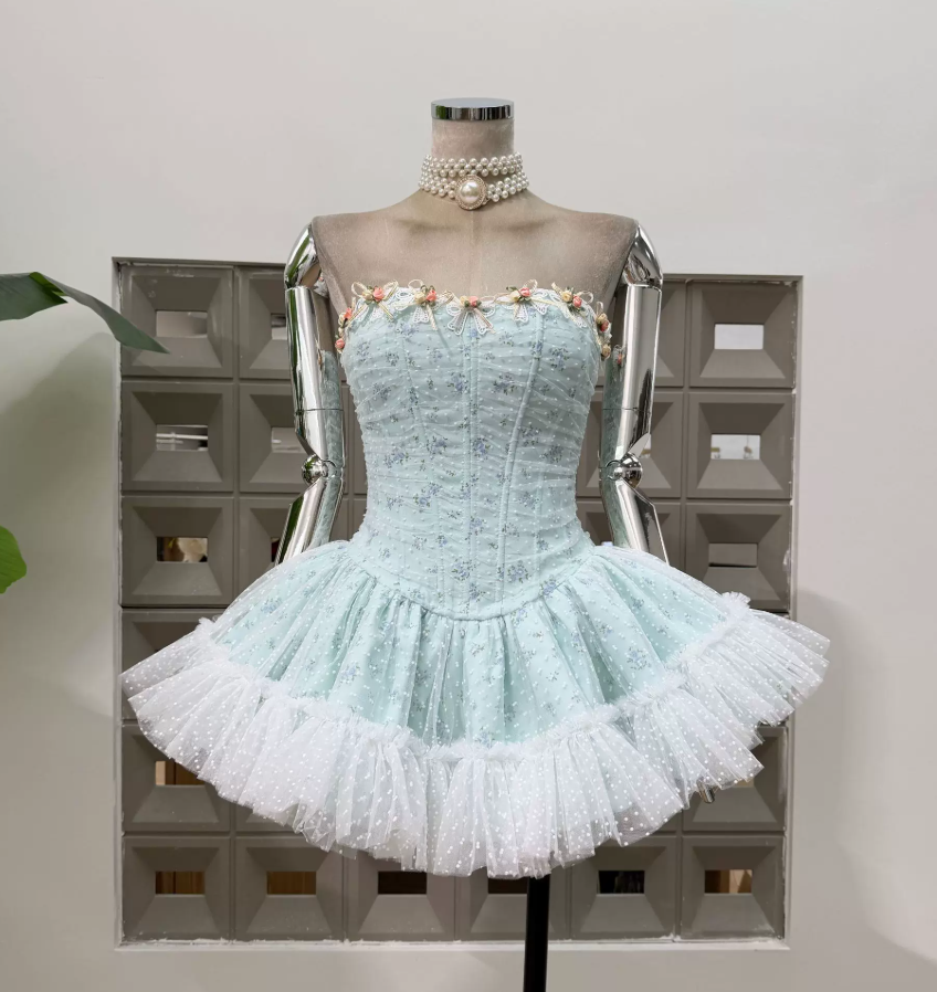 Cute Strapless Floral Homecoming Dress Tulle A-Line Party Dress C9443