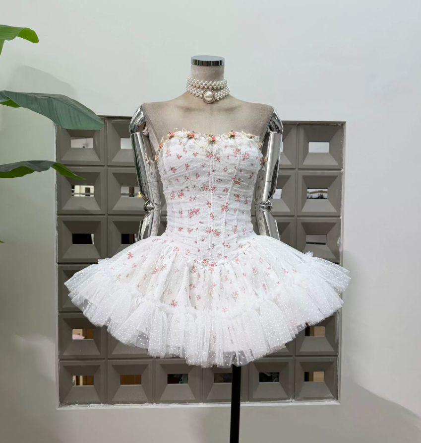 Cute Strapless Floral Homecoming Dress Tulle A-Line Party Dress C9443