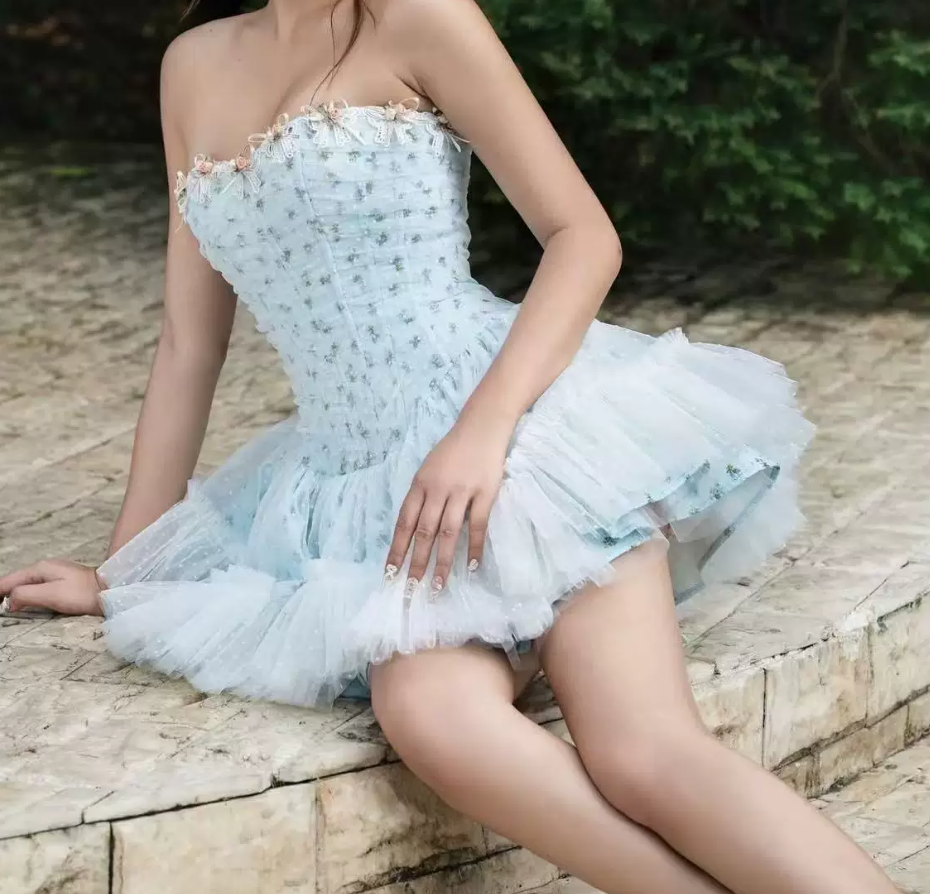 Cute Strapless Floral Homecoming Dress Tulle A-Line Party Dress C9443