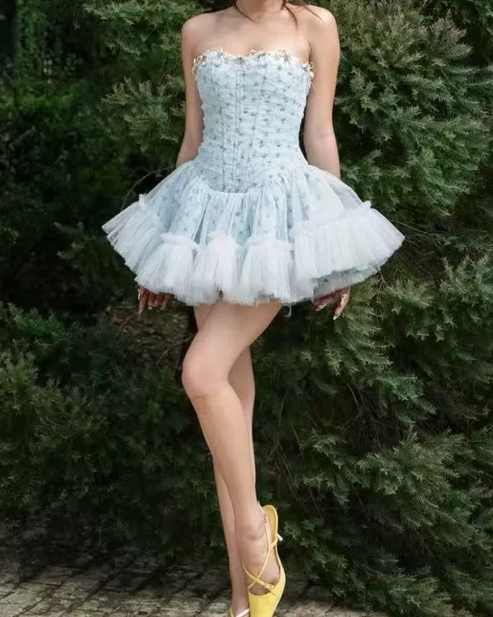 Cute Strapless Floral Homecoming Dress Tulle A-Line Party Dress C9443