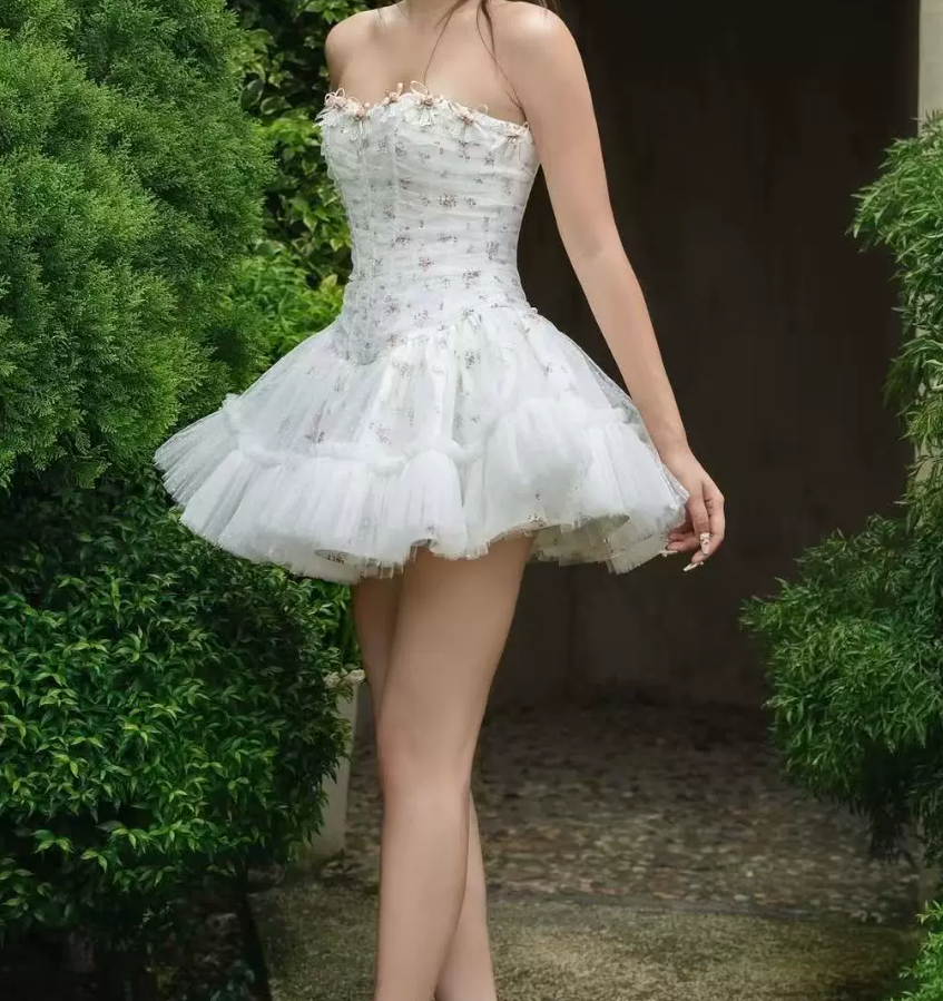 Cute Strapless Floral Homecoming Dress Tulle A-Line Party Dress C9443