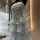 Fascinating Strapless Tiered Prom Dress Blue Lace A-Line Evening Dress C9444