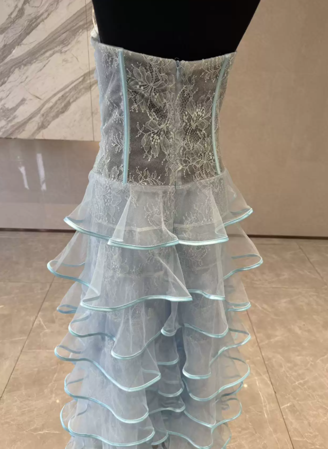 Fascinating Strapless Tiered Prom Dress Blue Lace A-Line Evening Dress C9444