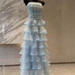 Fascinating Strapless Tiered Prom Dress Blue Lace A-Line Evening Dress C9444