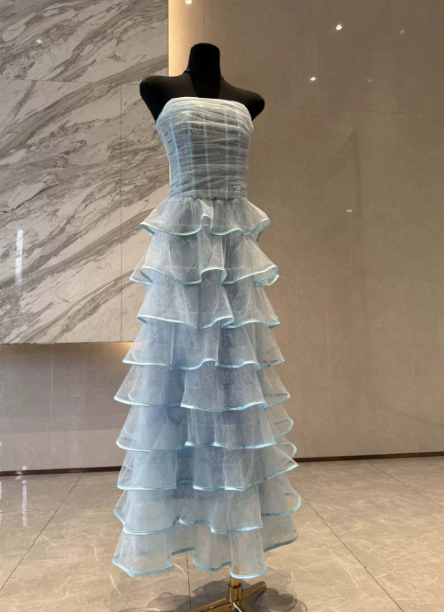 Fascinating Strapless Tiered Prom Dress Blue Lace A-Line Evening Dress C9444